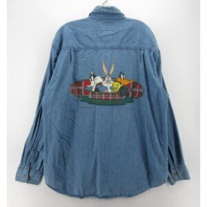VINTAGE Looney Tunes Shirt Large Bugs Taz Daffy Warner Bros 90s Denim